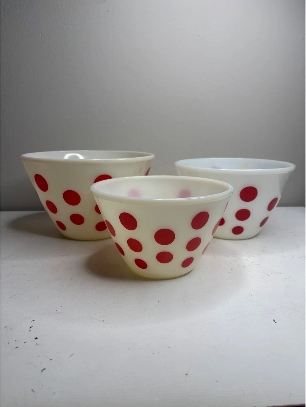 Vintage Fire King Red Polk Dot Milk Glass Oven Ware Mixing Bowl Set of 3